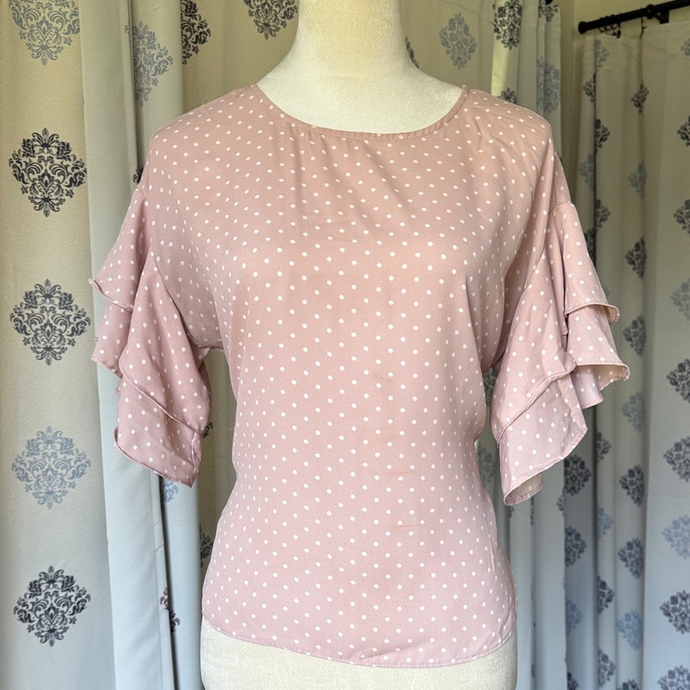 Vince Camuto Blush Polka Dot Ruffle Sleeve Blouse